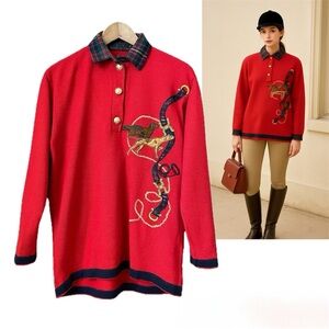 Vintage Merino Wool Polo Sweater Dog Preppy Equestrian Print Plaid Medium